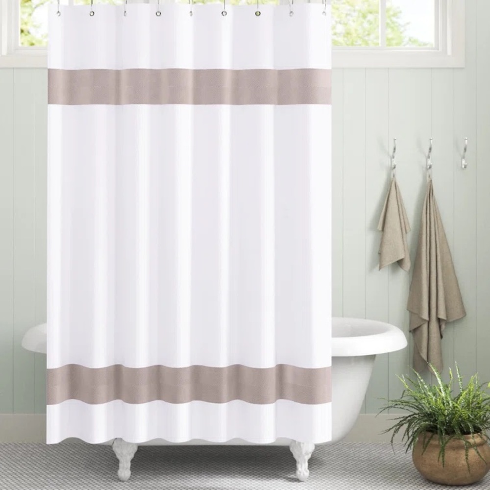 NEW 100% Cotton White Shower Curtain with Beige Accent